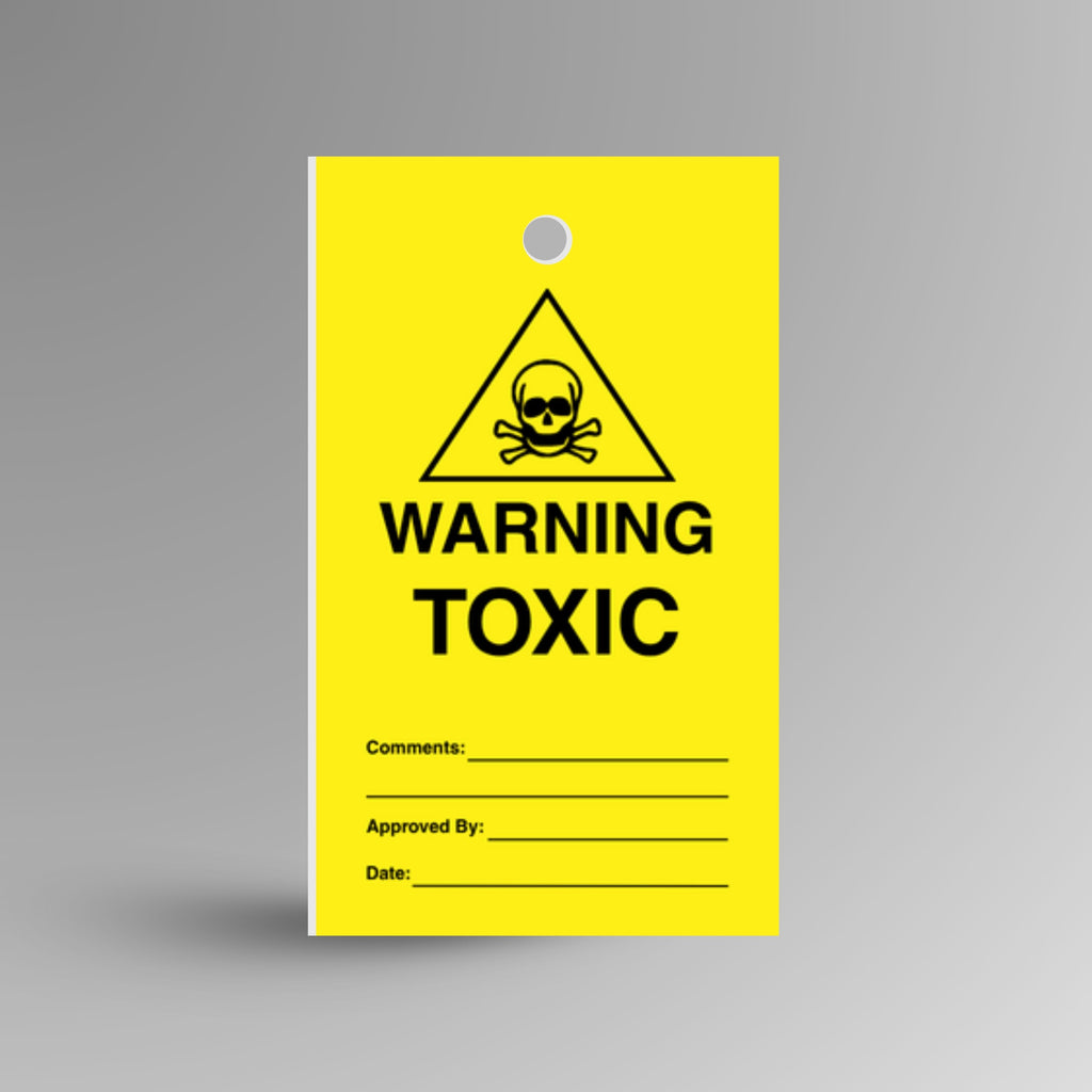 HDT 015 Warning Toxic safety tag shown upright, yellow and black PVC tag with bold toxic warning text and symbol