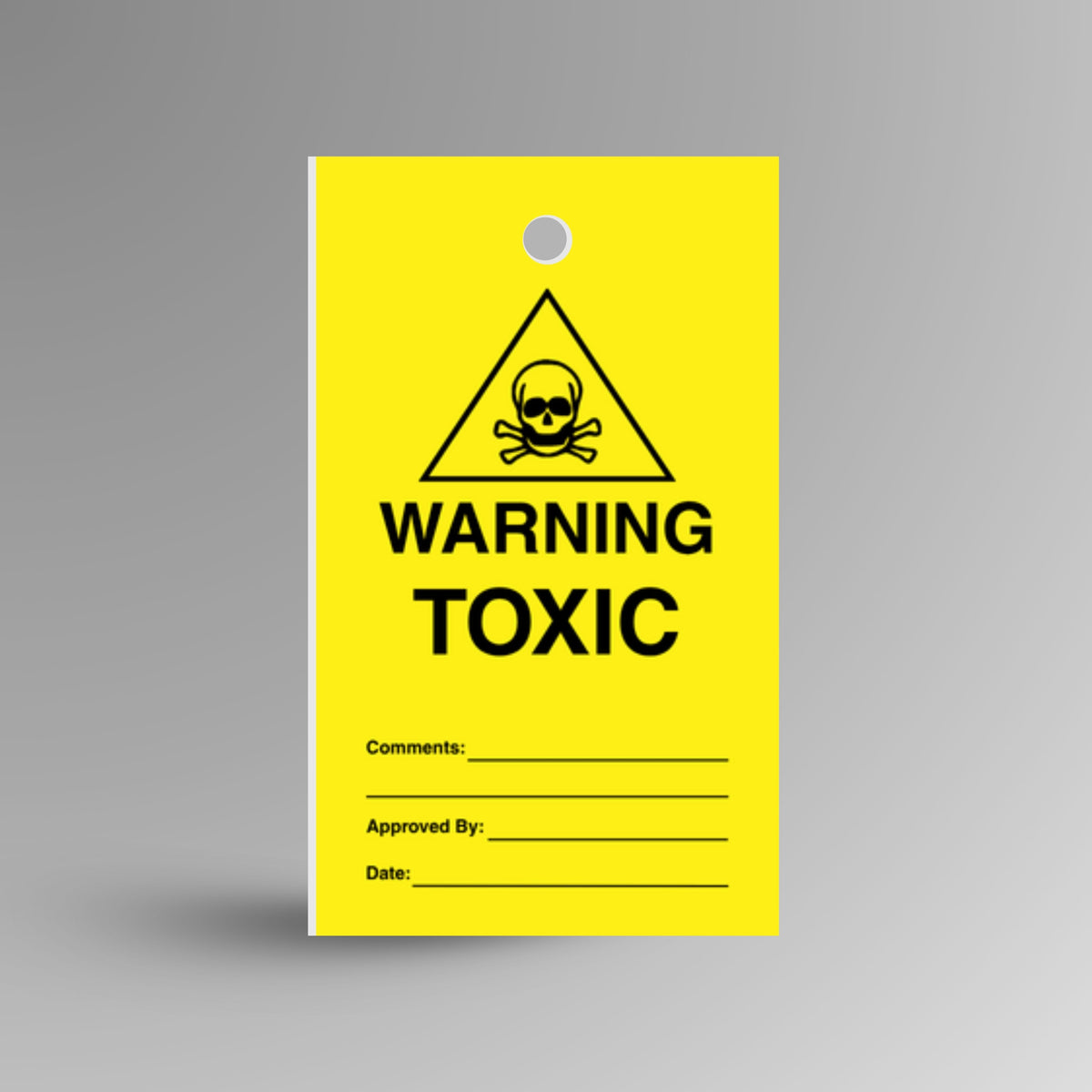 HDT 015 Warning Toxic safety tag shown upright, yellow and black PVC tag with bold toxic warning text and symbol