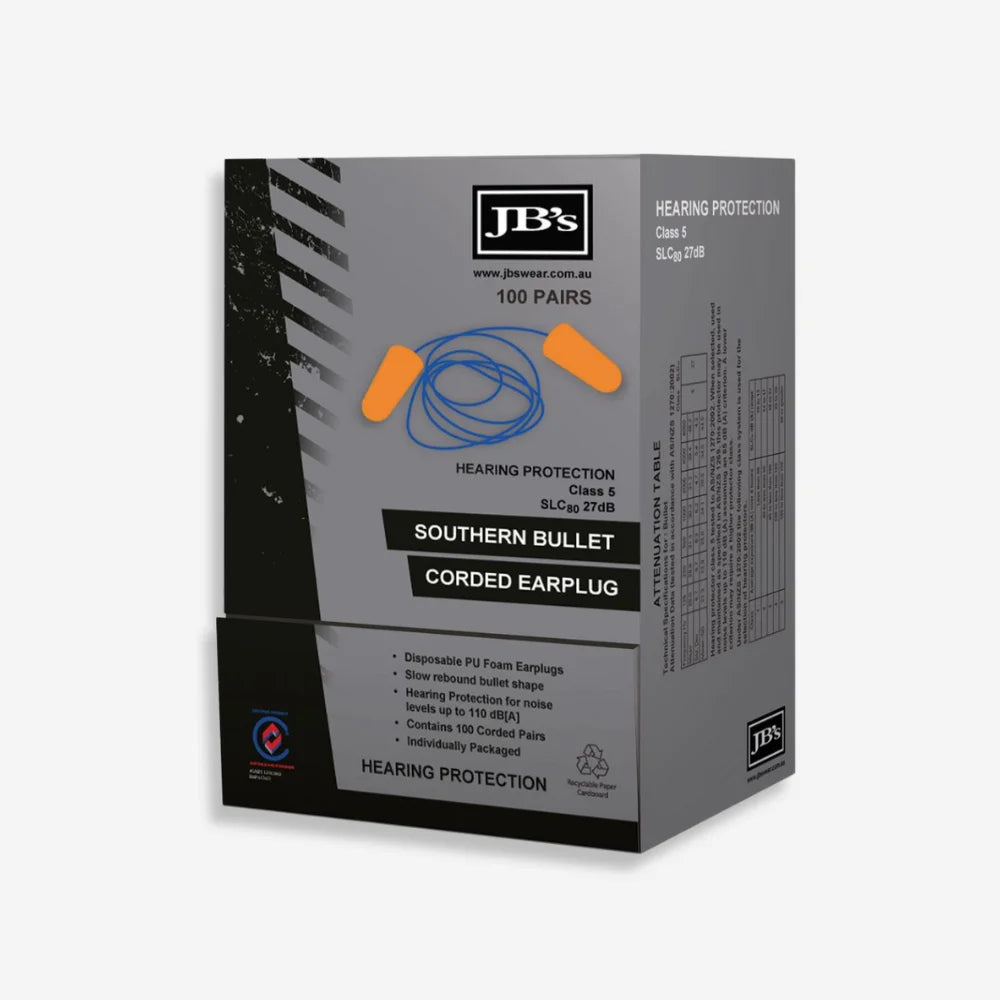 B's Bullet Corded Earplug shown in detail displaying polyurethane foam, slow rebound construction and PVC cord connection