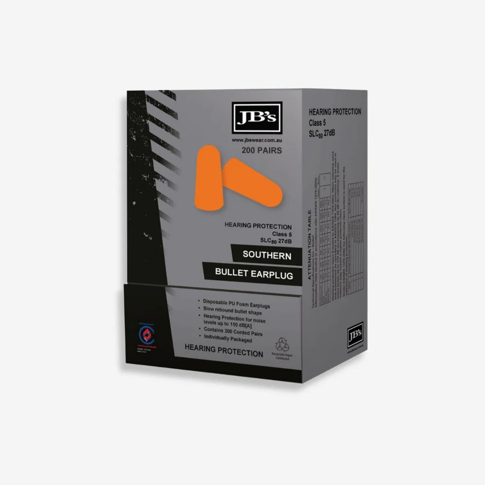 JB's Bullet Earplug shown in detail displaying polyurethane foam, slow rebound construction and individual sachet packaging