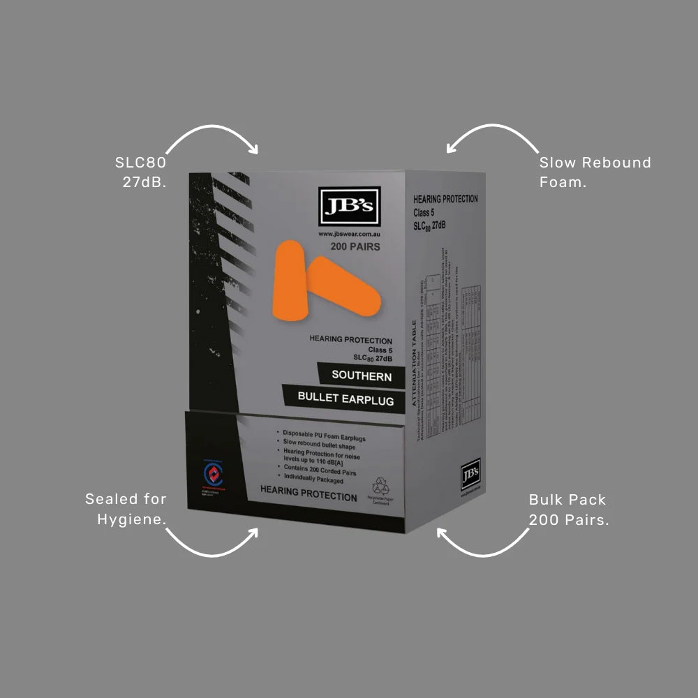 JB's Bullet Earplug benefits callout highlighting SLC80 27dB rating, 200 pair bulk pack and AS/NZS 1270:2002 certification