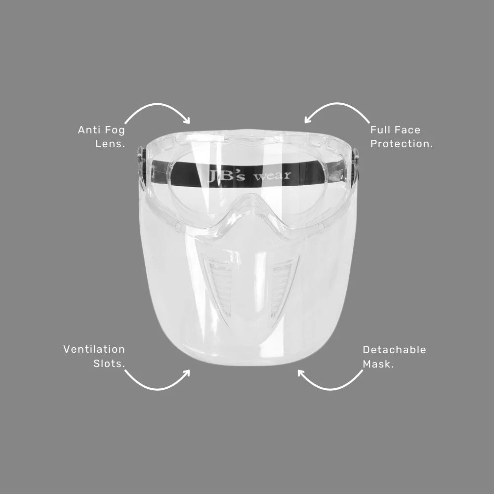 JB's Goggle and Mask Combination benefits callout highlighting detachable mask, anti fog and anti scratch lens and AS/NZS 1337.1 certification