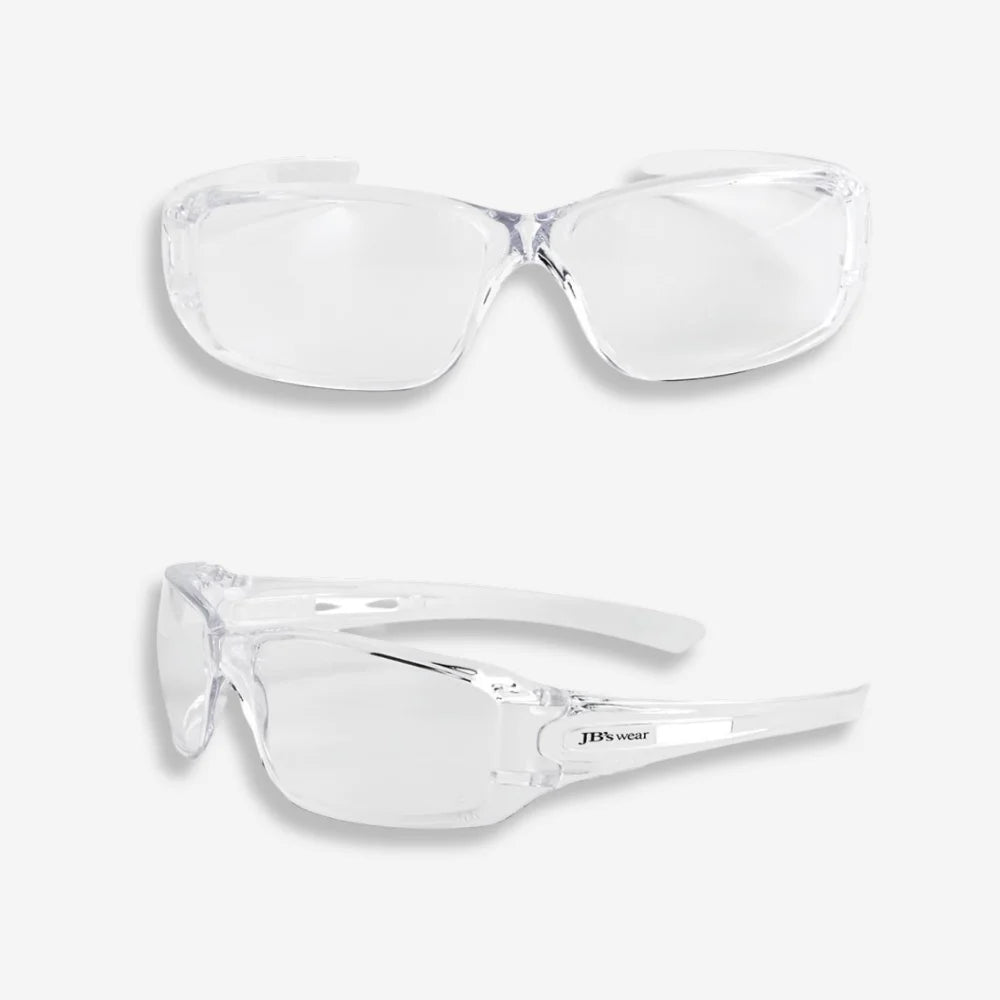 JB's Power Spec safety glasses shown from side displaying single piece lens, side ventilation and polycarbonate construction