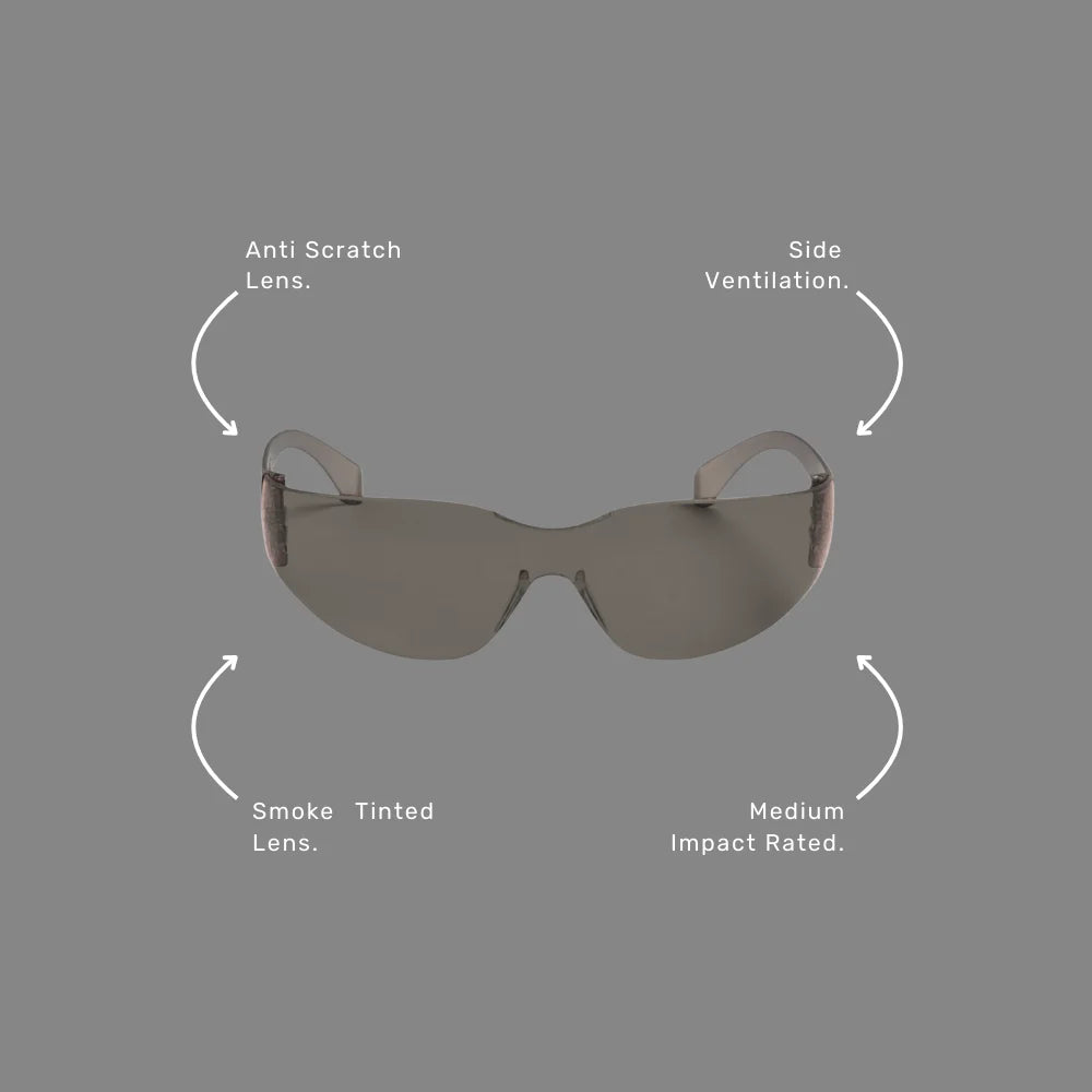 JB's Power Spec Smoke Lens Safety Glasses benefits callout highlighting glare reduction, 180 degree view and AS/NZS 1337.1 certification