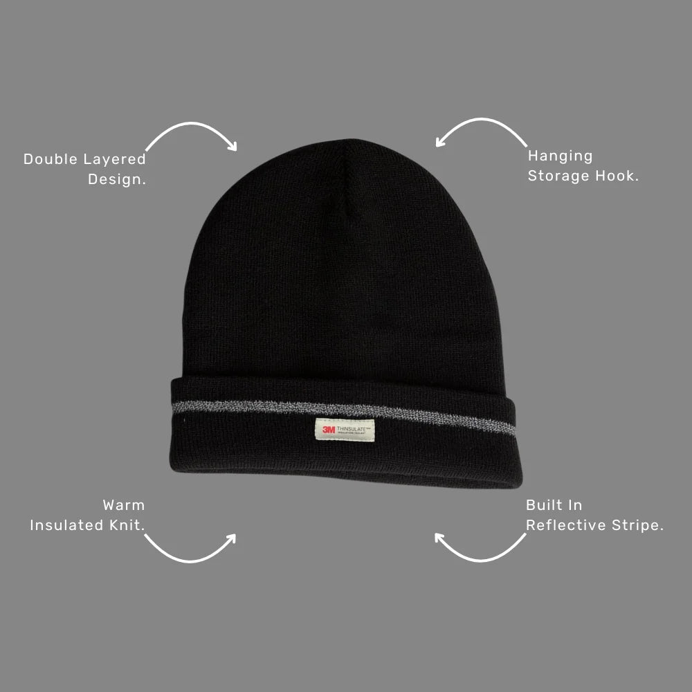 JB's Reflective Beanie benefits callout highlighting 3M Thinsulate insulation, reflective stripe and double layer warmth