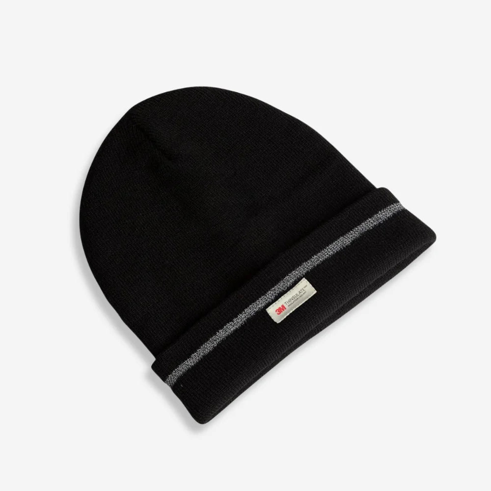 JB's Reflective Beanie shown worn displaying double layer construction, reflective stripe visibility and fit