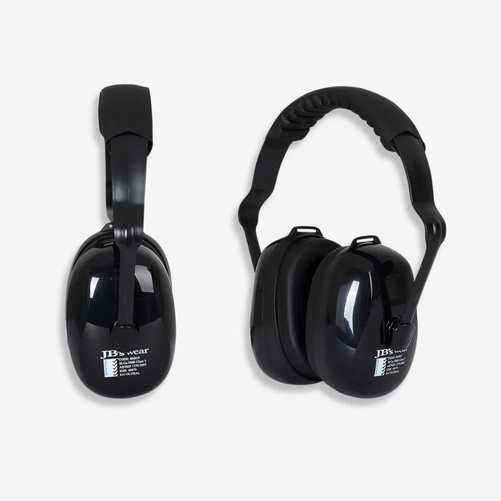 JB's Supreme Ear Muff shown from side displaying vinyl cushions with EVA foam, large cup openings and adjustable headband