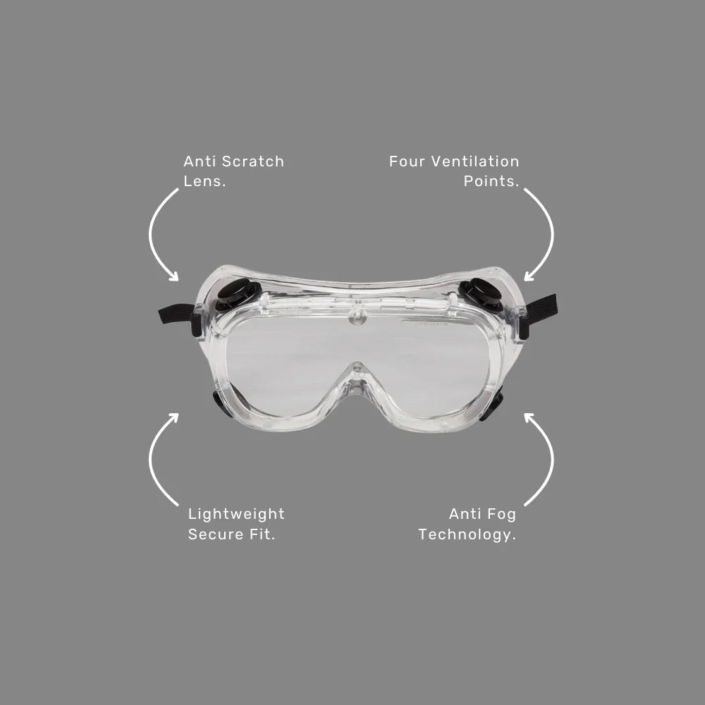 JB's Vented Goggle benefits callout highlighting anti scratch lens, four ventilation points and AS/NZS 1337.1 certification