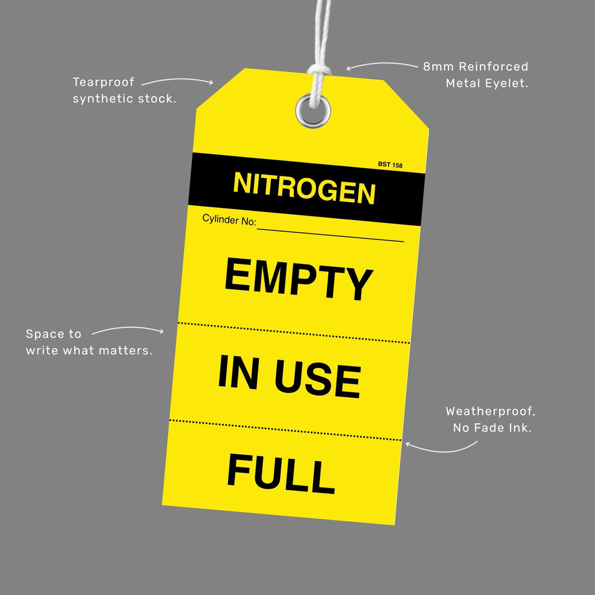 Yellow BST 158 Nitrogen tag with callouts for tearproof synthetic stock, 8mm reinforced metal eyelet, space to write and weatherproof no fade ink.