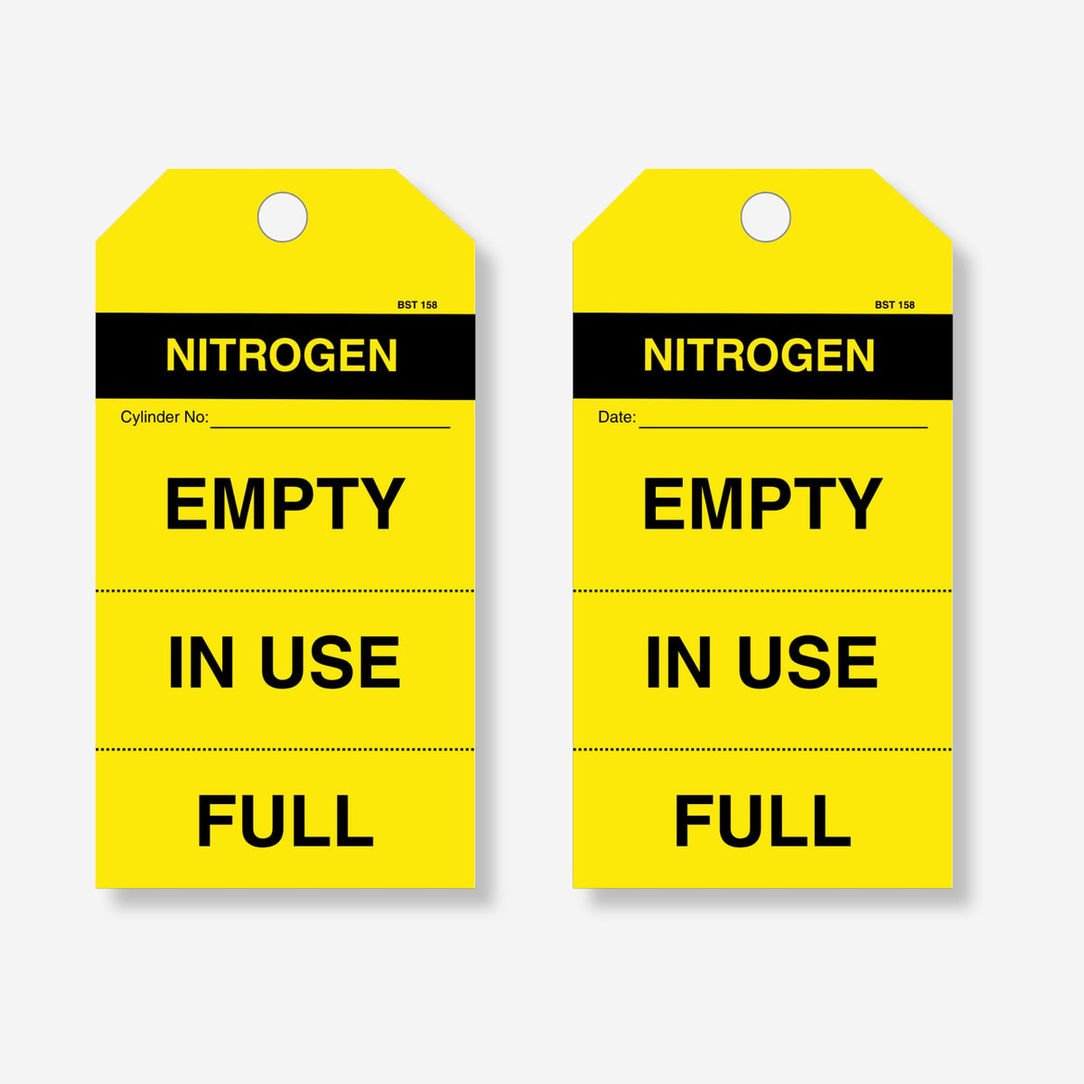 Front and back of the yellow BST 158 Nitrogen tag with a black header, showing Empty, In Use and Full sections divided by dotted lines, with a cylinder number field on the front and a date field on the back.