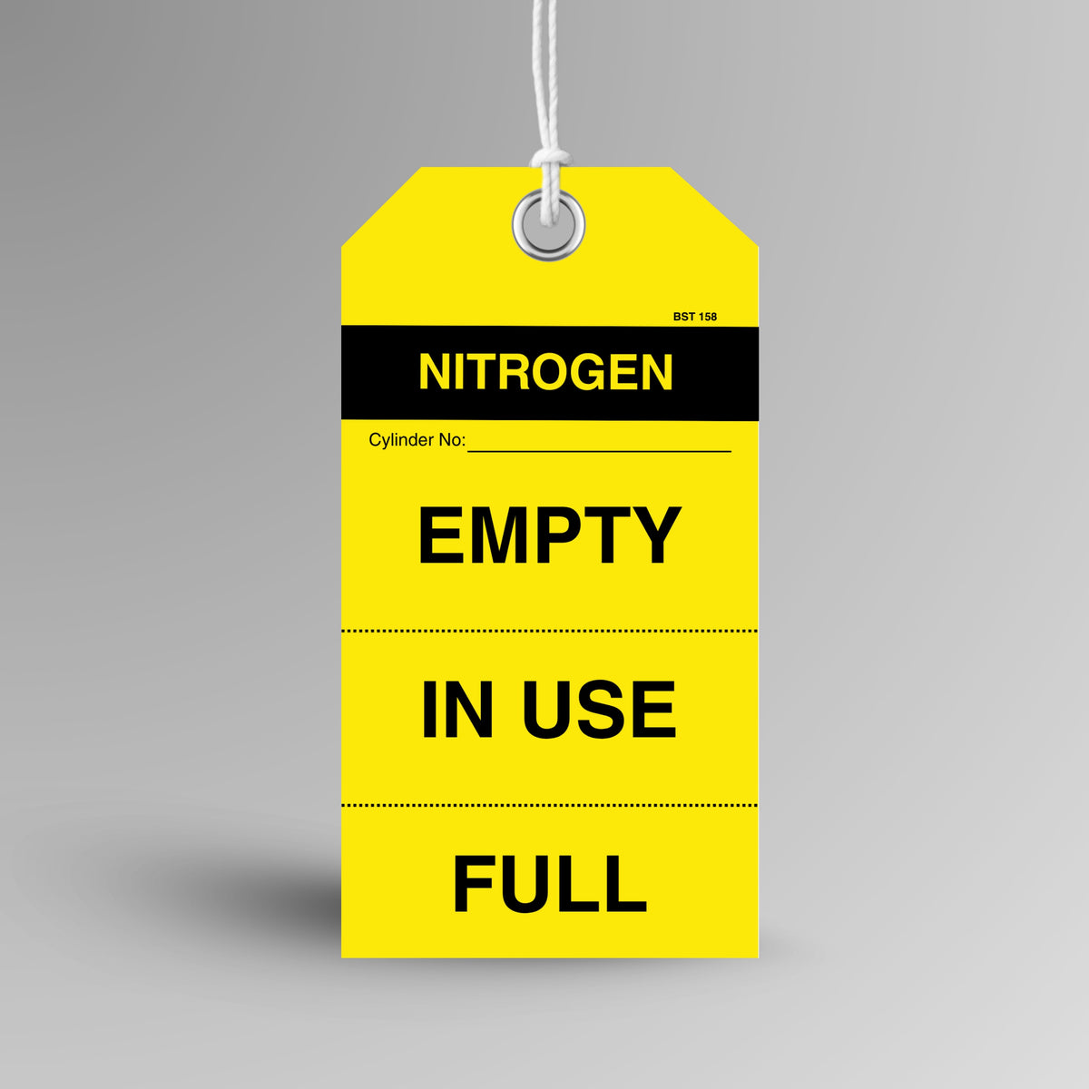 Yellow BST 158 Nitrogen tag with a black header hanging from white string through a metal eyelet, with a cylinder number field and Empty, In Use and Full sections.