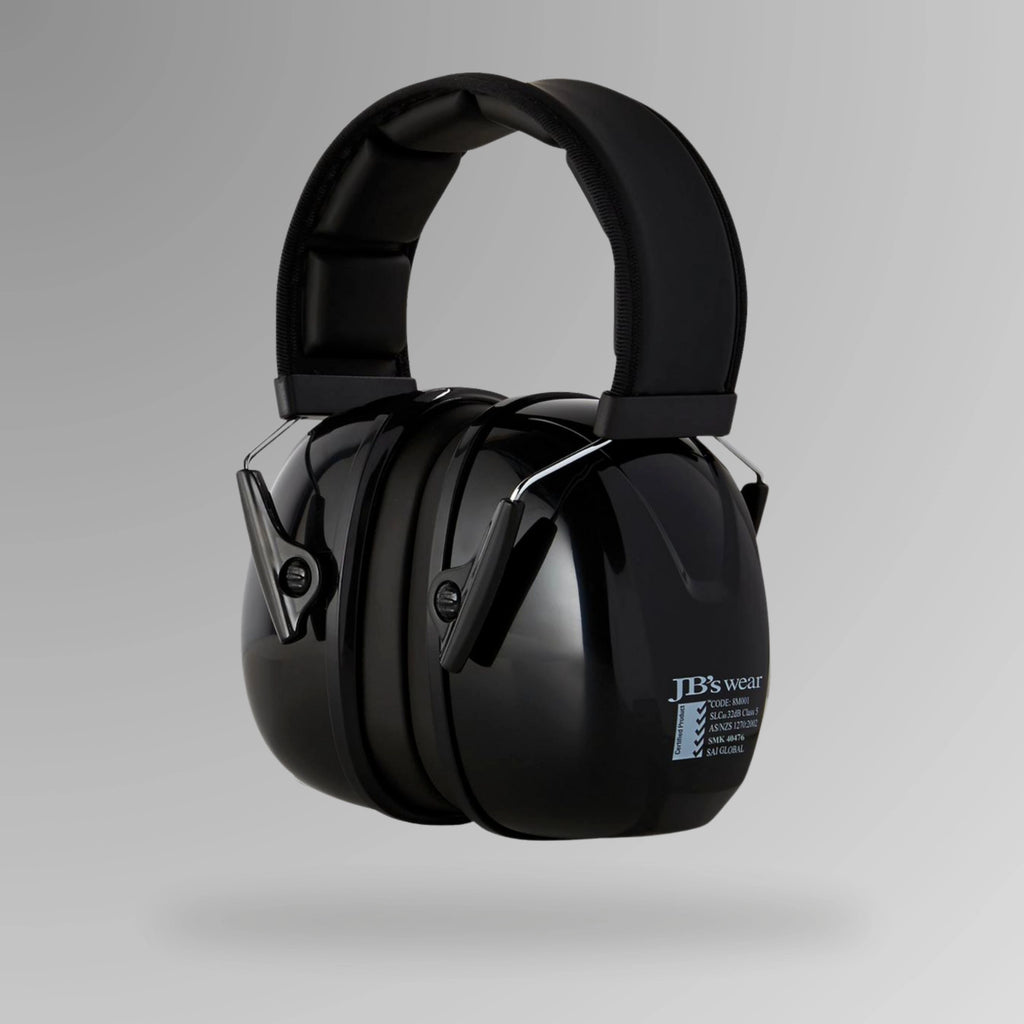 JB's Supreme Ear Muff shown upright with stainless steel headband and Brute Safety Products branding