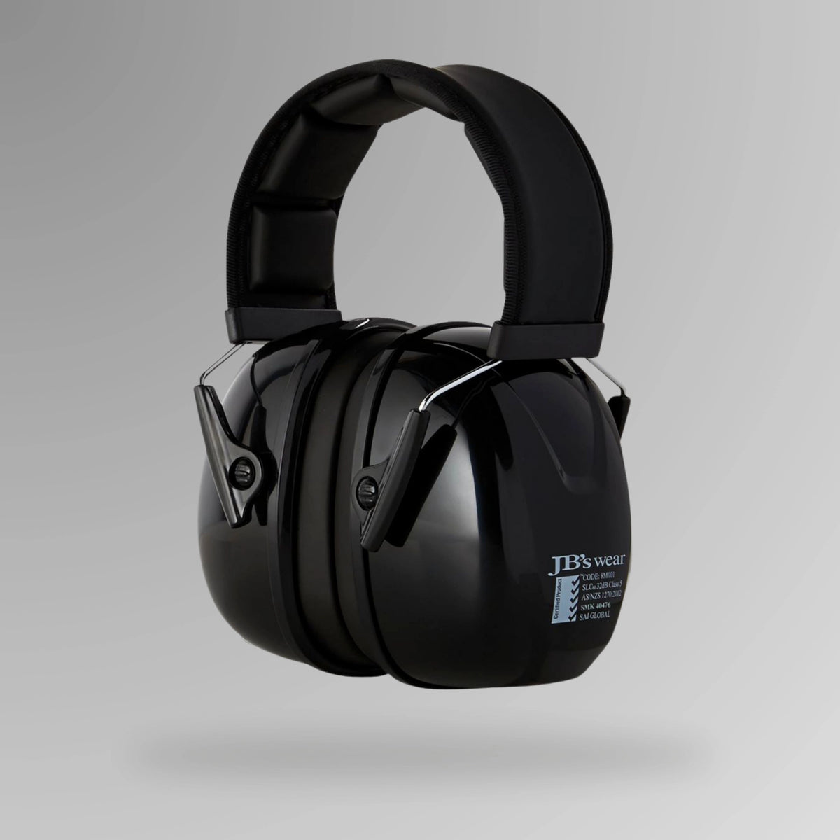 JB's Supreme Ear Muff shown upright with stainless steel headband and Brute Safety Products branding