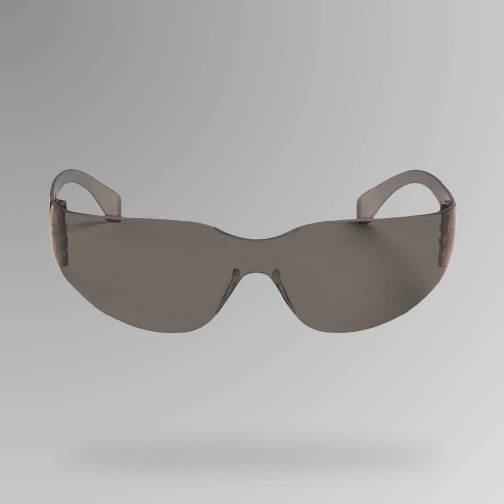 JB's Power Spec Smoke Lens Safety Glasses shown upright with tinted high contour lens and Brute Safety Products branding