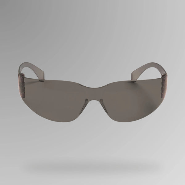 JB's Power Spec Smoke Lens Safety Glasses shown upright with tinted high contour lens and Brute Safety Products branding