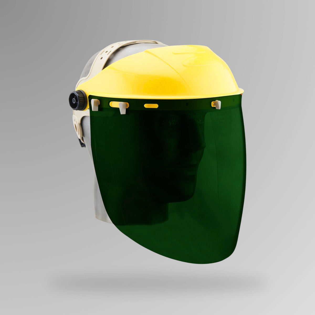 Brow guard and face shield shown upright with 2mm polycarbonate visor and Brute Safety Products branding