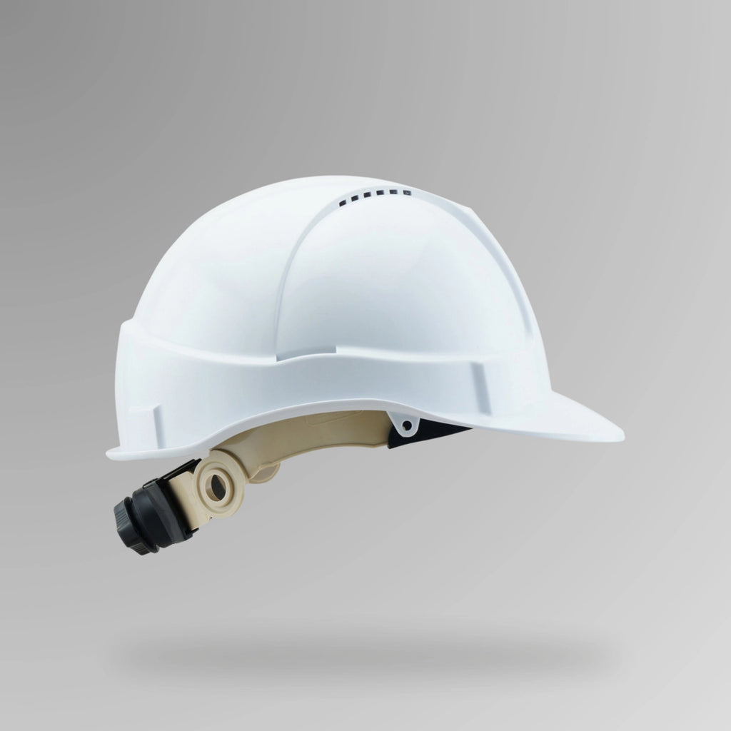 Vented hard hat with ratchet lock harness shown upright with Brute Safety Products branding