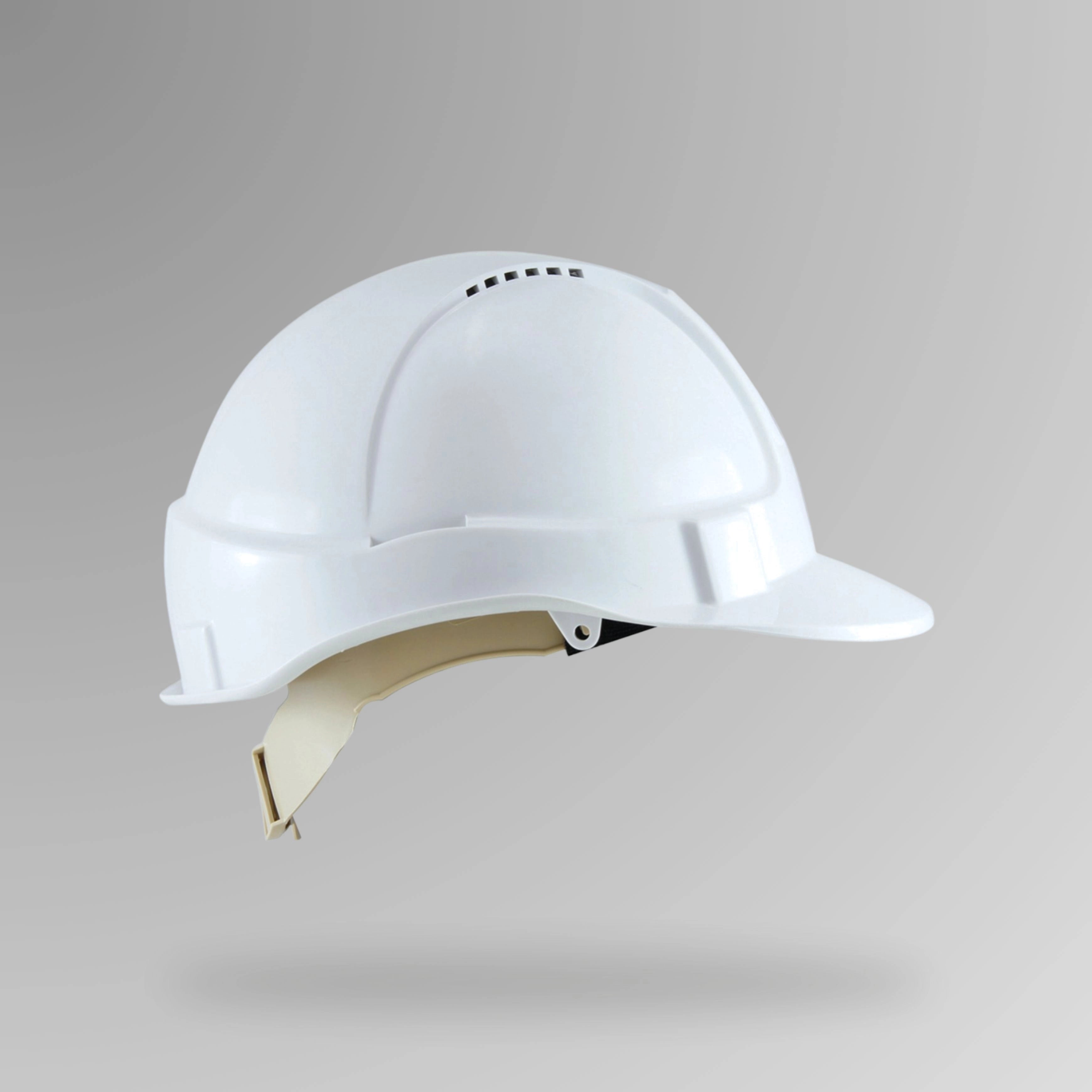 Vented hard hat with pin lock harness shown upright with Brute Safety Products branding