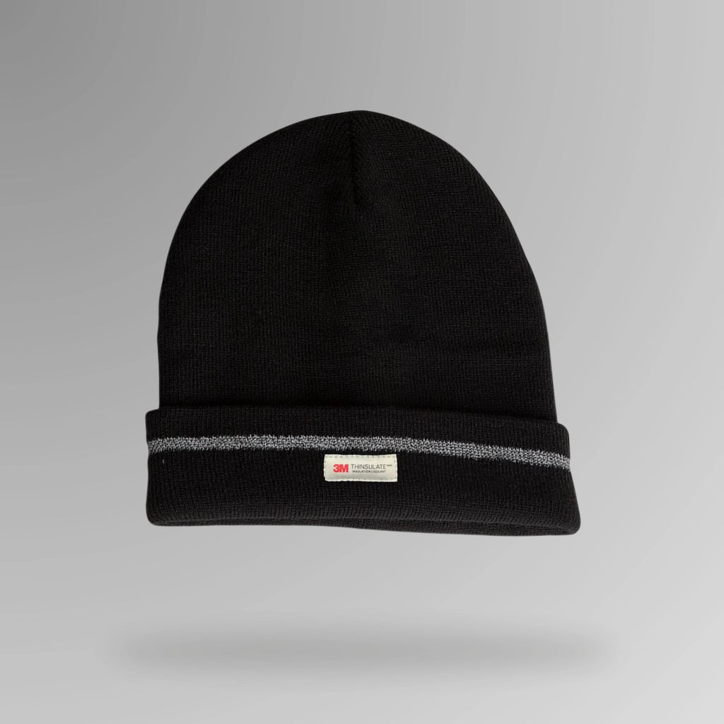 JB's Reflective Beanie shown upright displaying 9 gauge acrylic knit with reflective stripe and Brute Safety Products branding