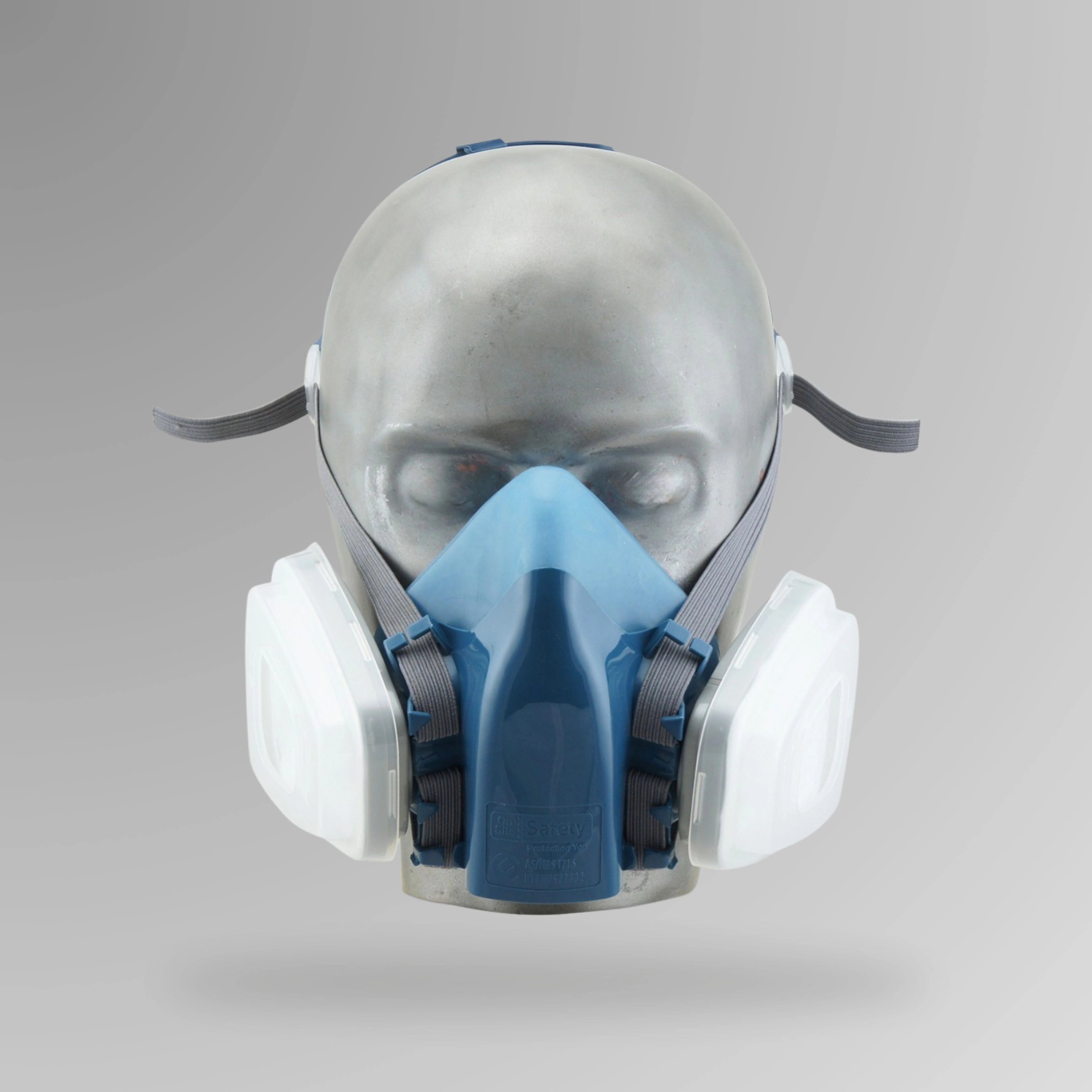 RHM Twin Filter Half Mask shown upright with twin filter cartridges and Brute Safety Products branding