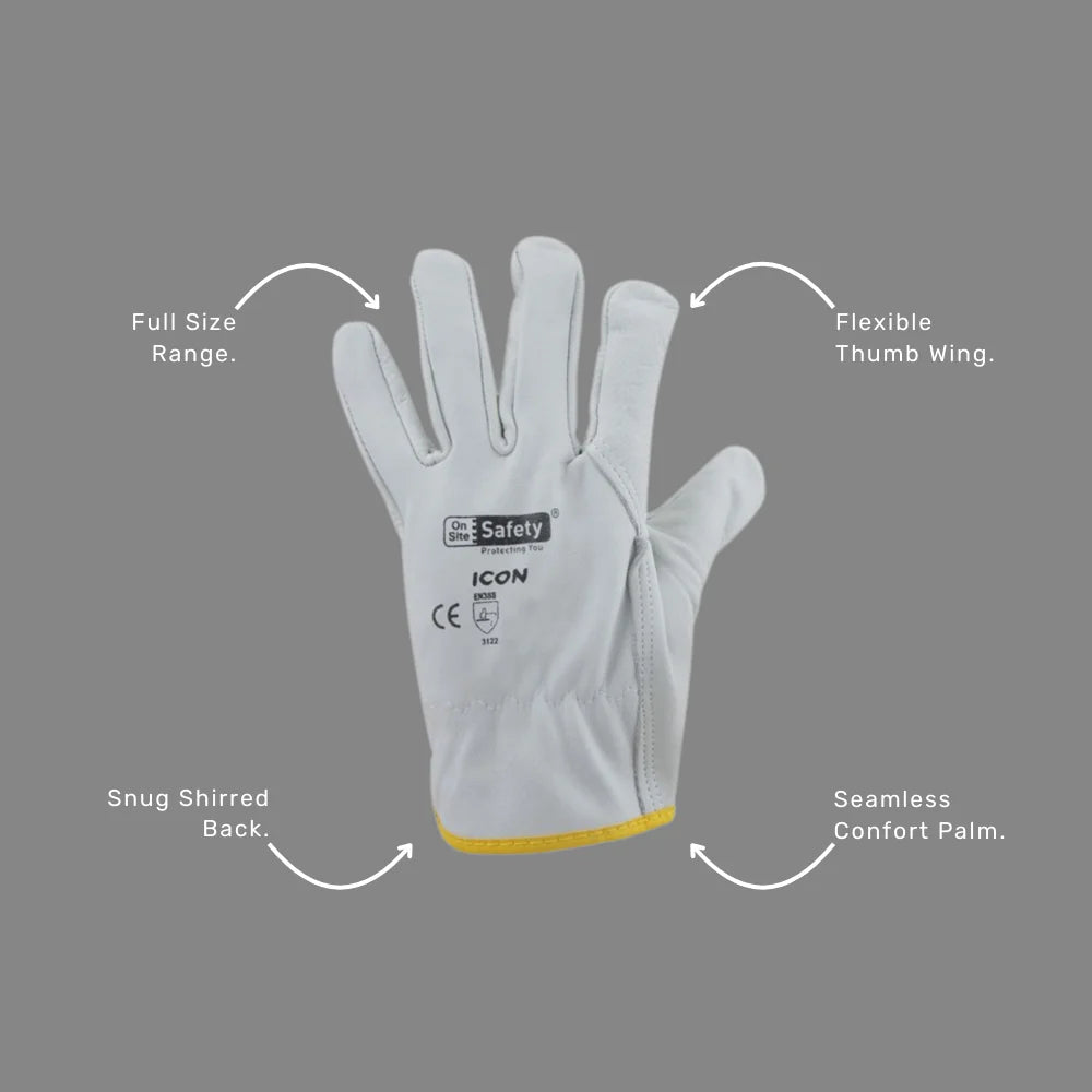 Icon Rigger Gloves benefits callout highlighting cow leather durability, wing thumb flexibility and full size range to 3XL
