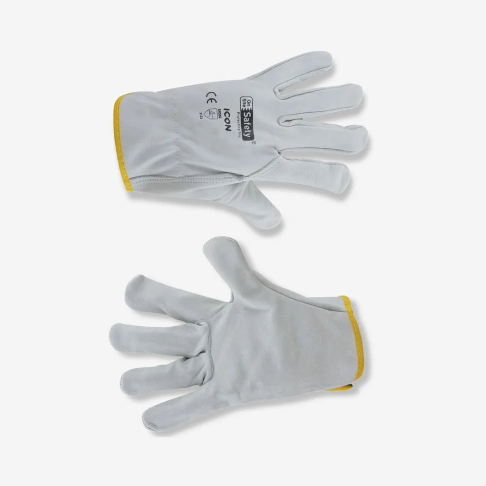 PPE 151 Icon Rigger Gloves laid flat showing wing thumb, seamless palm and shirred back construction with colour coded hem sizing