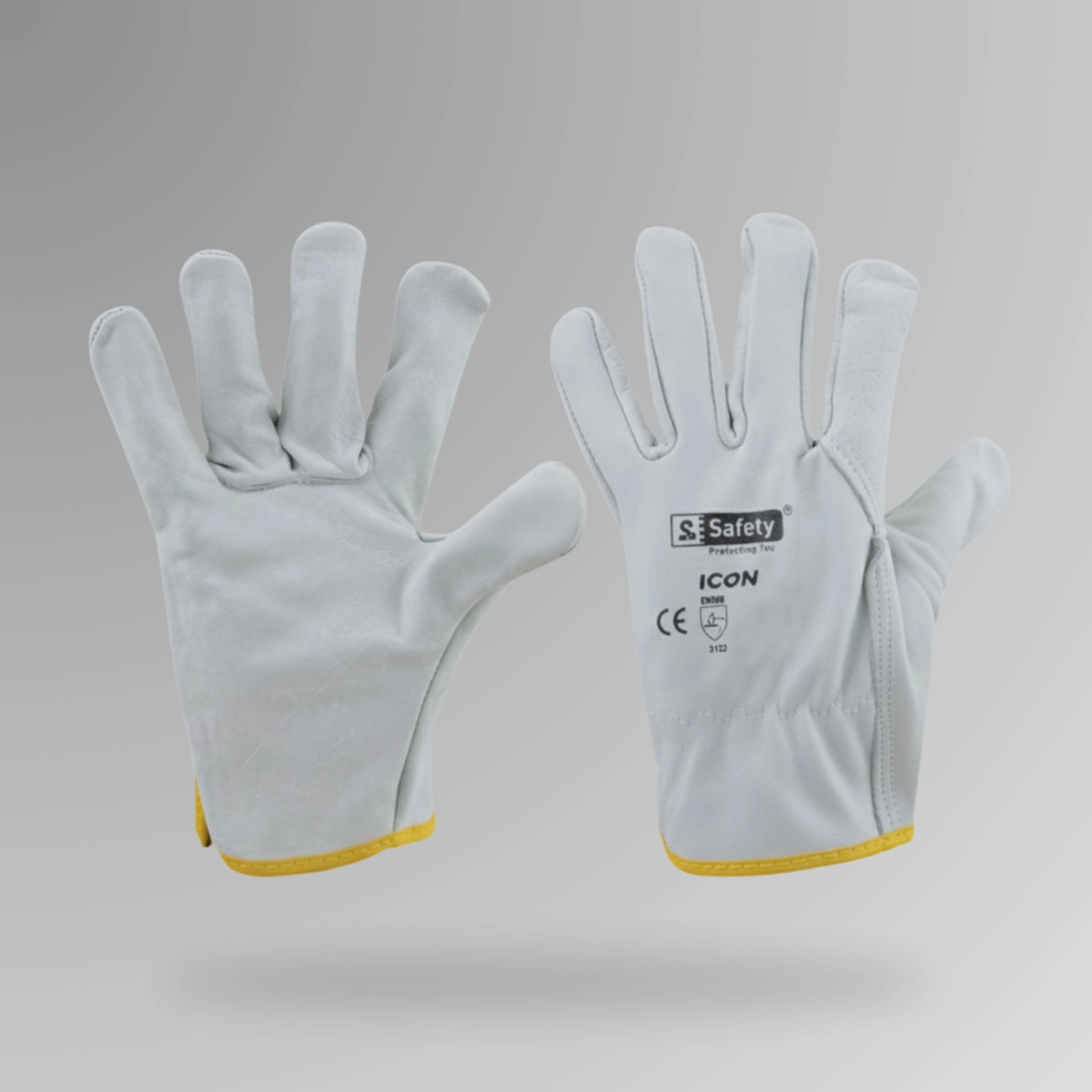 PPE 151 Icon Rigger Gloves shown upright in white cow leather with Brute Safety Products branding