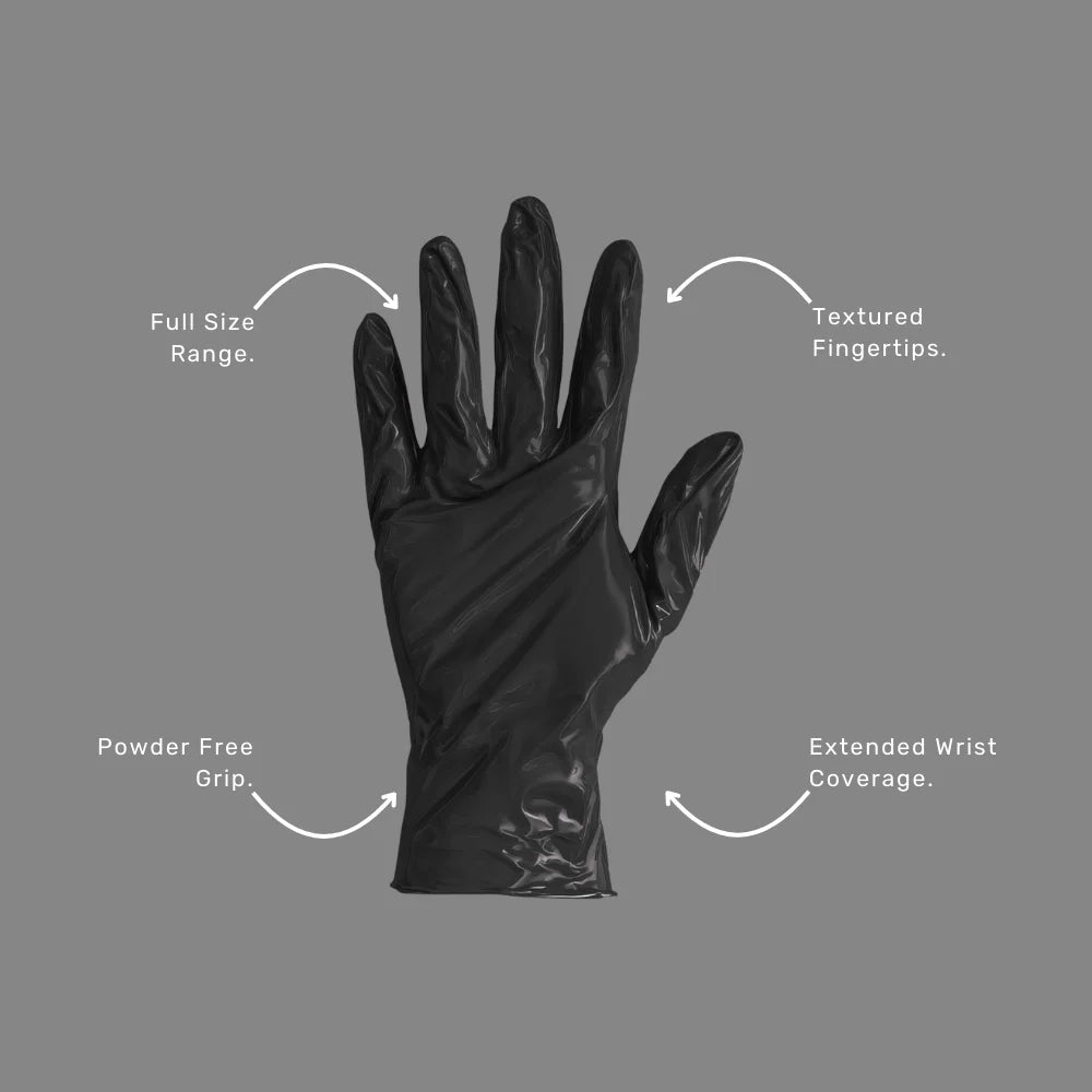 Black Nitrile Examination Gloves benefits callout highlighting powder free formula, textured grip and extended wrist coverage