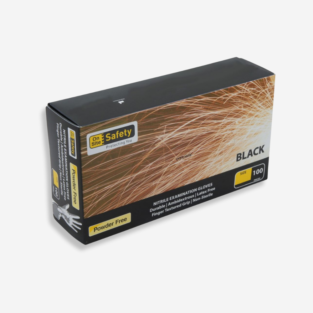 PPE 152 Black Nitrile Examination Gloves laid flat showing textured surface, beaded cuff and 240mm length with ambidextrous design