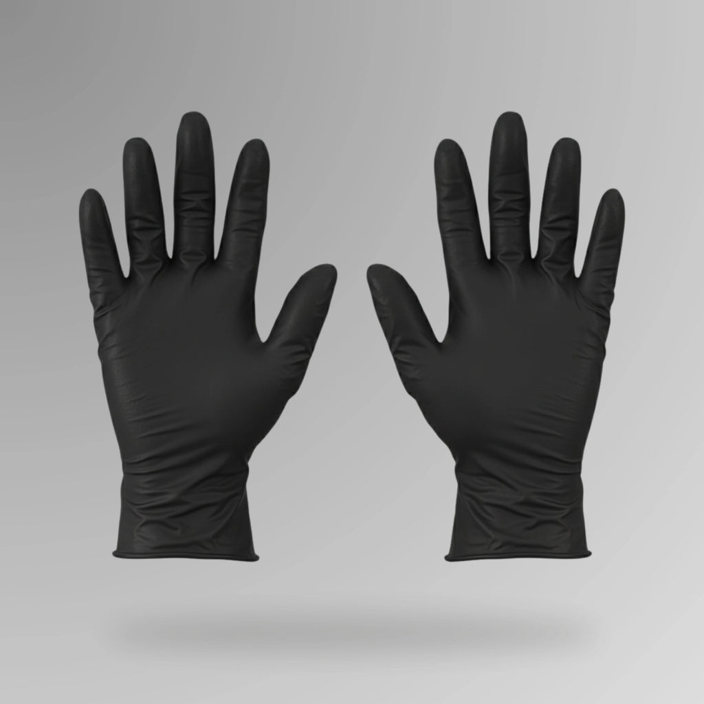 PPE 152 Black Nitrile Examination Gloves 100 pack shown upright with Brute Safety Products branding