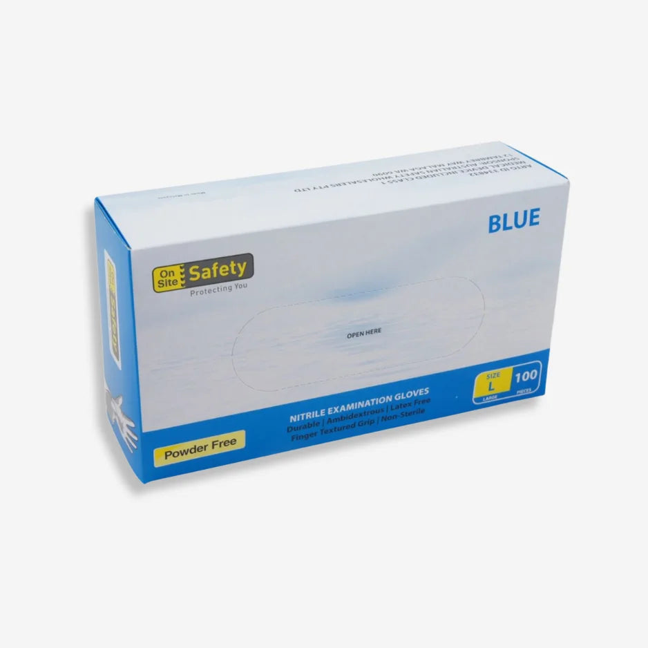 PPE 153 Blue Nitrile Examination Gloves laid flat showing textured surface, beaded cuff and 240mm length with ambidextrous design