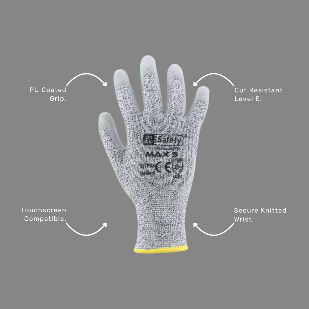 Max 5 Cut Resistant Gloves benefits callout highlighting Level E cut resistance, PU coating for grip and touchscreen compatibility