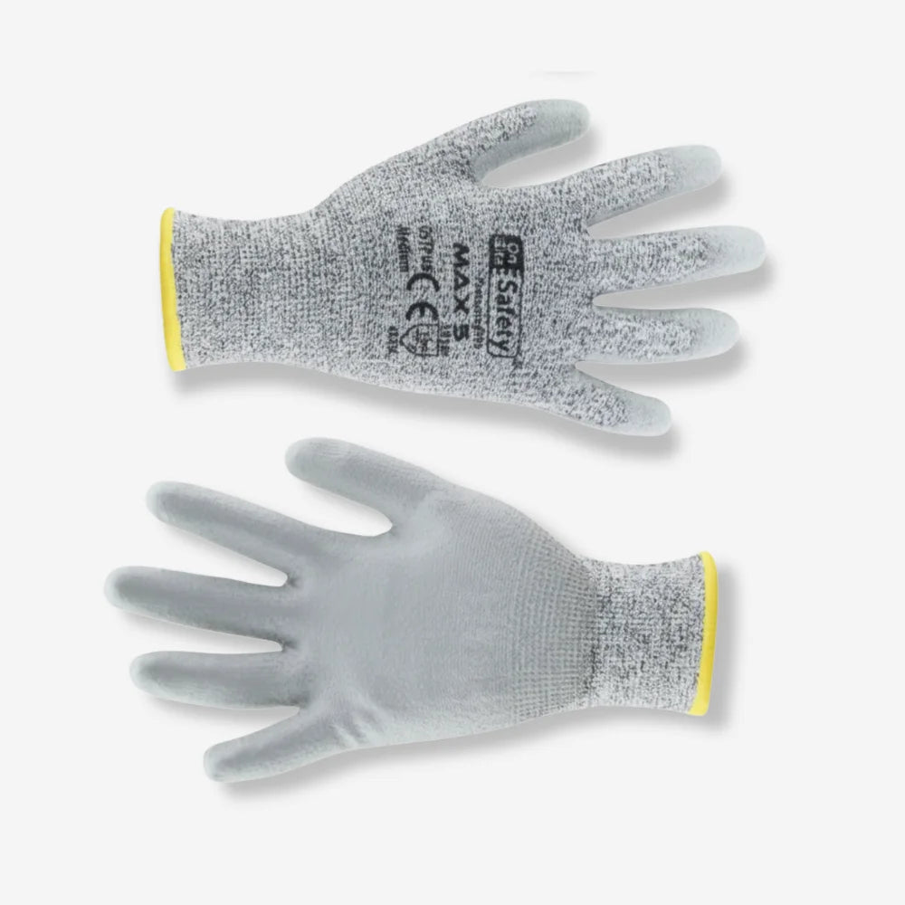 PPE 154 Max 5 Cut Resistant Gloves laid flat showing PU coated palm and fingertips with knitted wrist and touchscreen compatible design