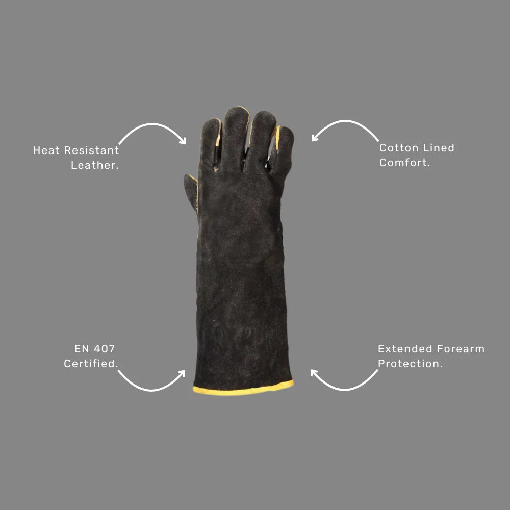 Heavy Duty Welding Gloves benefits callout highlighting EN 407 heat certification, extended 40cm cuff and cotton lined comfort