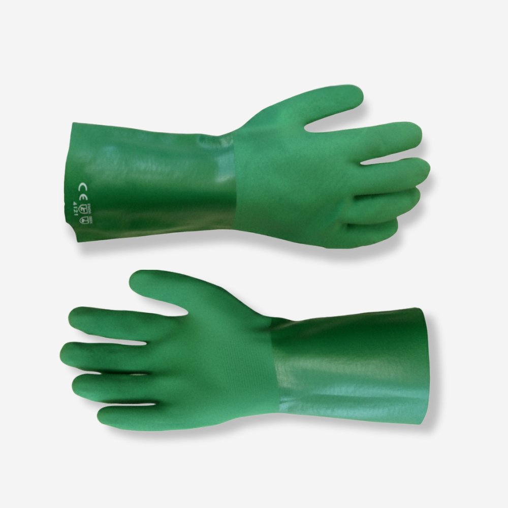 PPE 156 Double Coated PVC Chemical Gloves laid flat showing double dipped PVC coating, interlock lining and open cuff at 35cm length