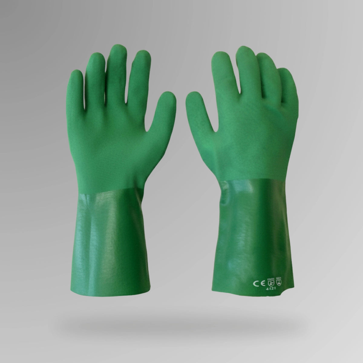 PPE 156 Double Coated PVC Chemical Gloves shown upright in 35cm length with Brute Safety Products branding
