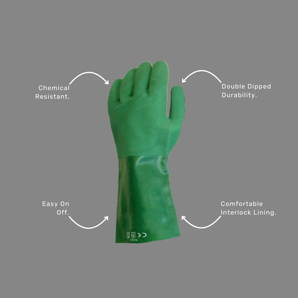 Double Coated PVC Chemical Gloves benefits callout highlighting chemical resistance, oil and grease protection and comfortable interlock lining