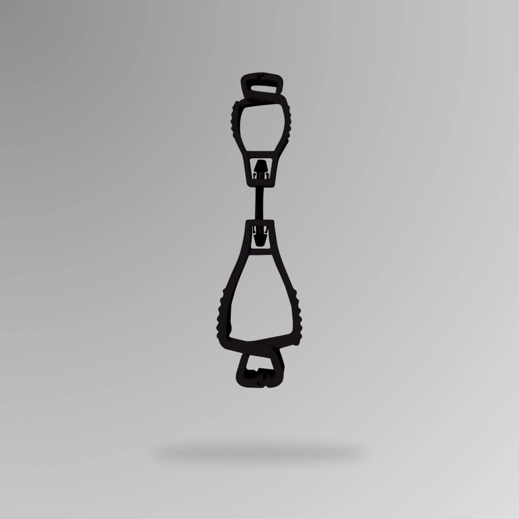PPE 157 Interlocking Glove Clip in black shown upright in durable POM plastic with breakaway cord and Brute Safety Products branding