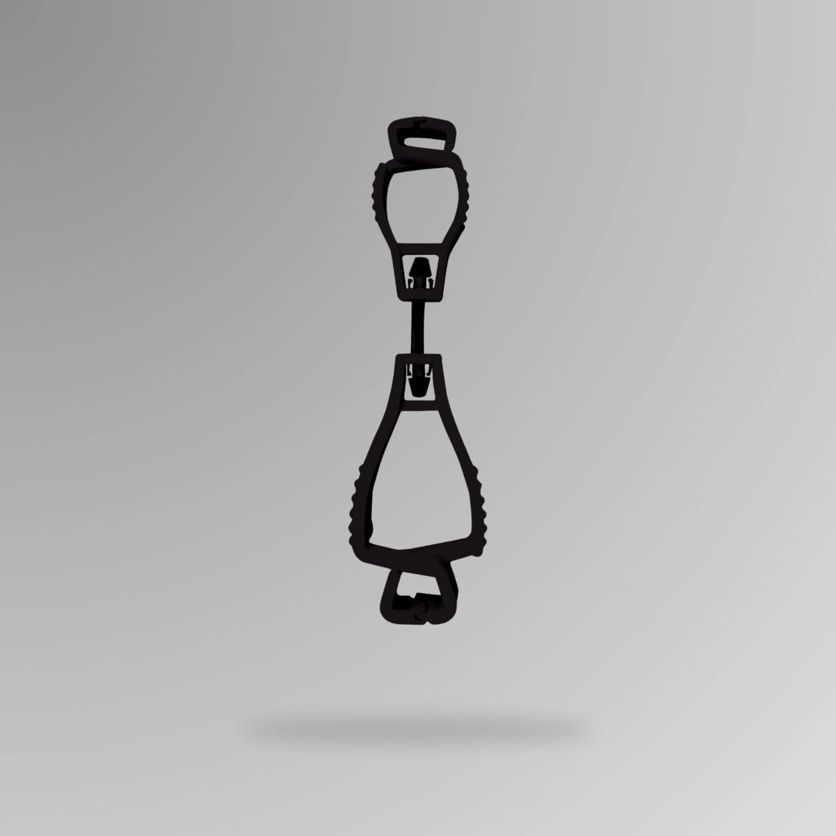 PPE 157 Interlocking Glove Clip in black shown upright in durable POM plastic with breakaway cord and Brute Safety Products branding