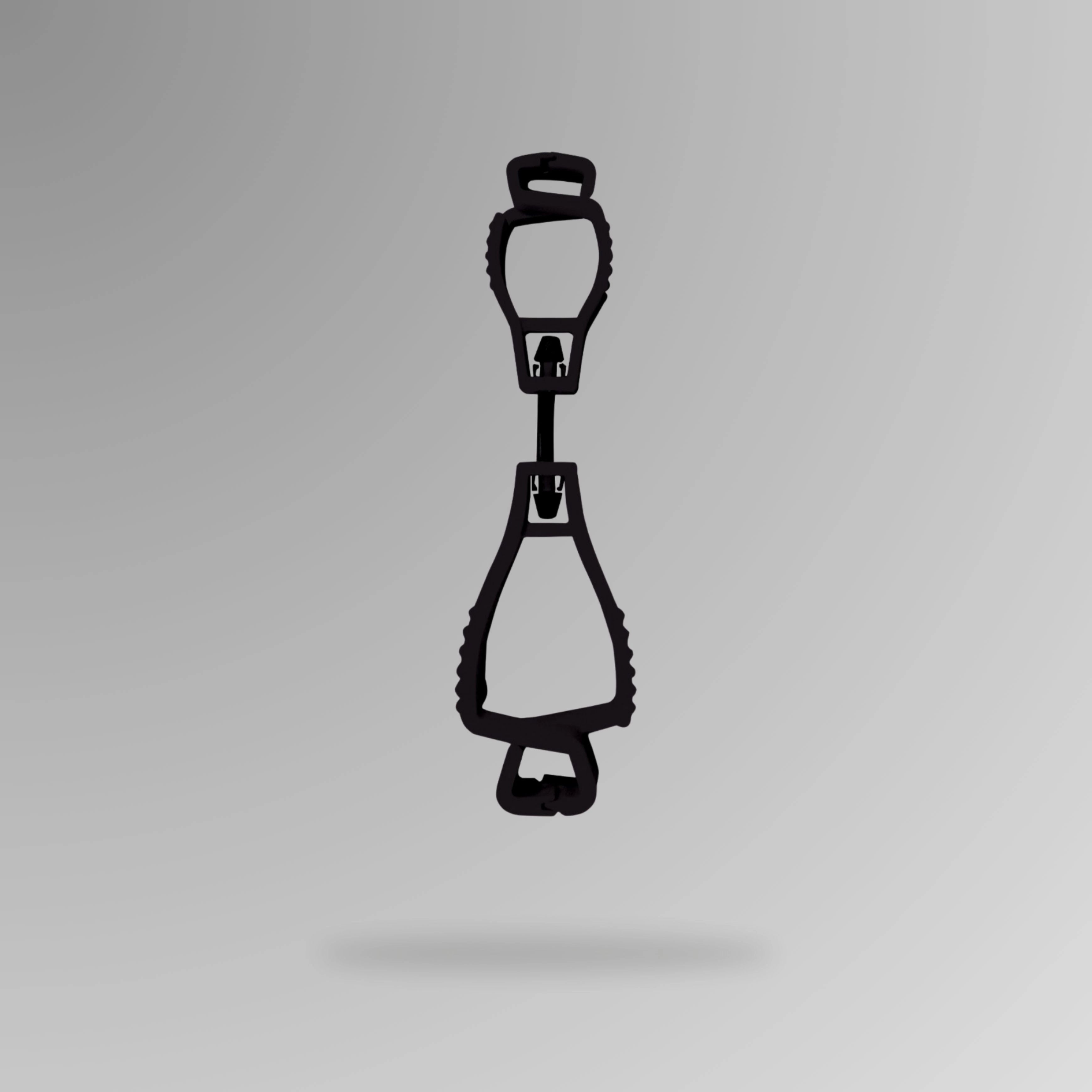 PPE 157 Interlocking Glove Clip in black shown upright in durable POM plastic with breakaway cord and Brute Safety Products branding