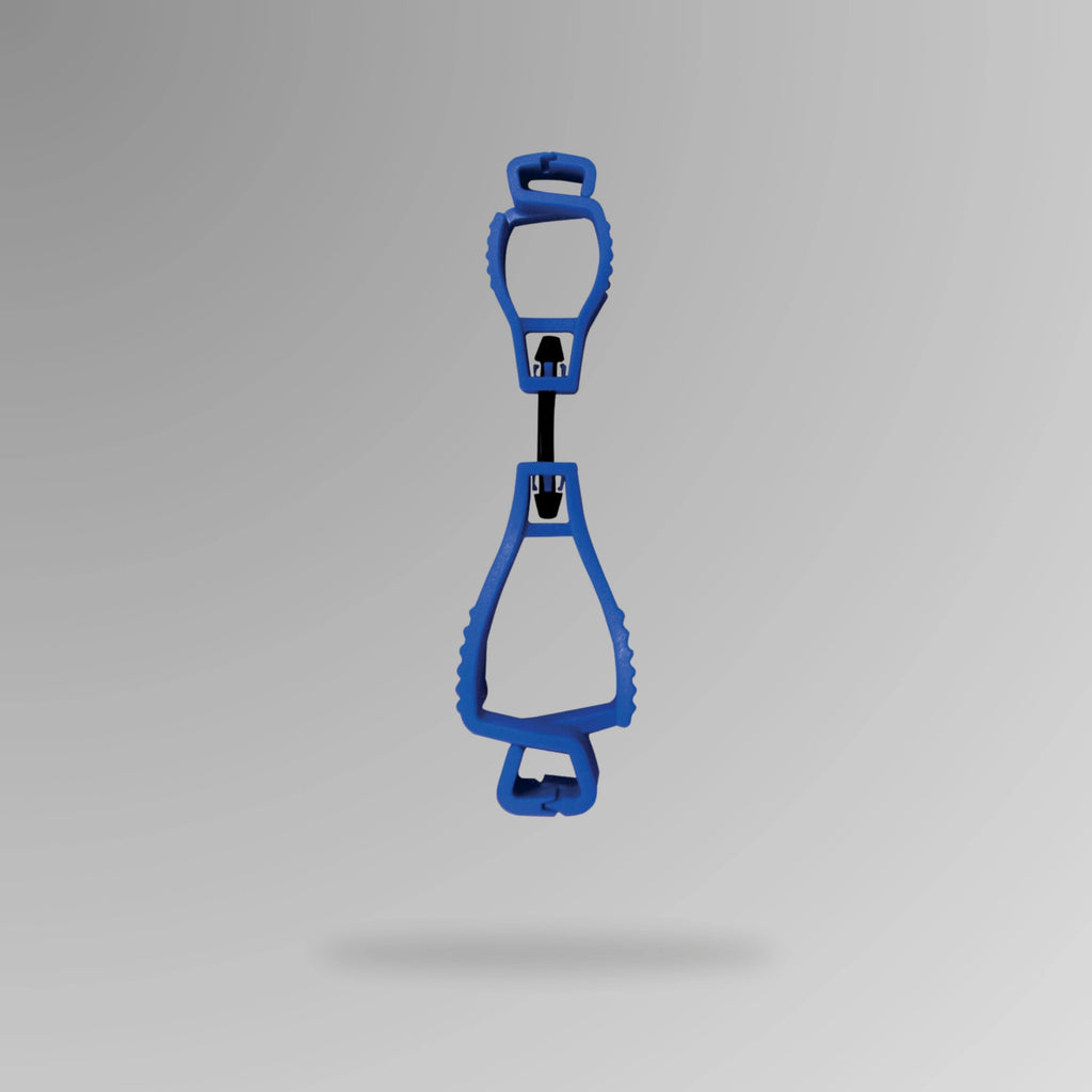PPE 157 Interlocking Glove Clip in blue shown upright in durable POM plastic with breakaway cord and Brute Safety Products branding
