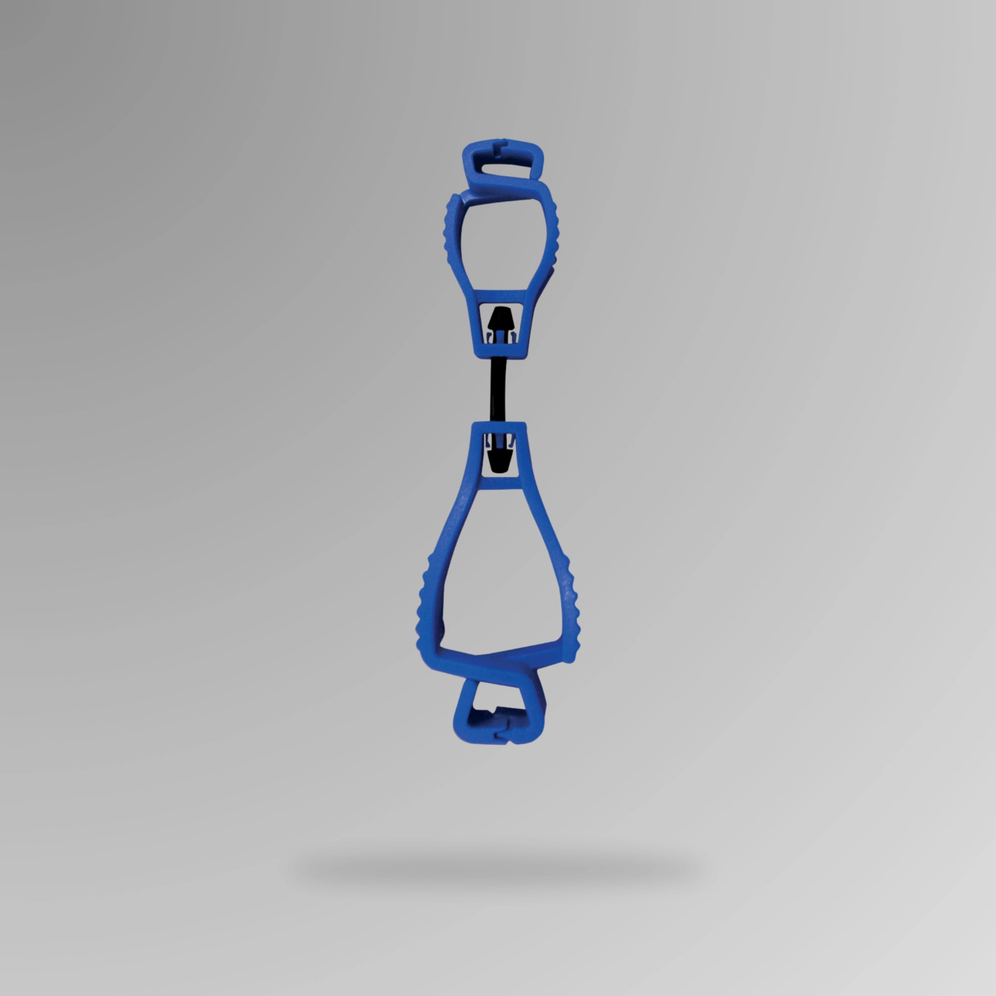 PPE 157 Interlocking Glove Clip in blue shown upright in durable POM plastic with breakaway cord and Brute Safety Products branding
