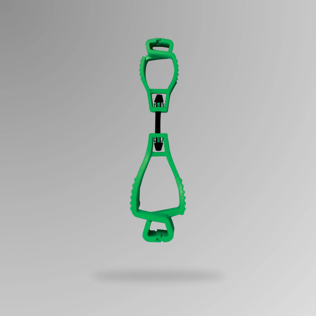 PPE 157 Interlocking Glove Clip in green shown upright in durable POM plastic with breakaway cord and Brute Safety Products branding