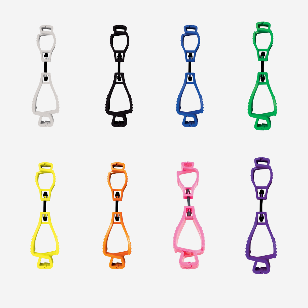 PPE 157 Interlocking Glove Clip shown in use with dual jaws securing gloves and breakaway cord attached