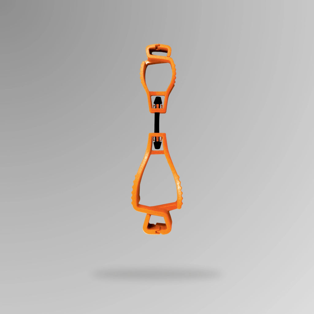 PPE 157 Interlocking Glove Clip in orange shown upright in durable POM plastic with breakaway cord and Brute Safety Products branding