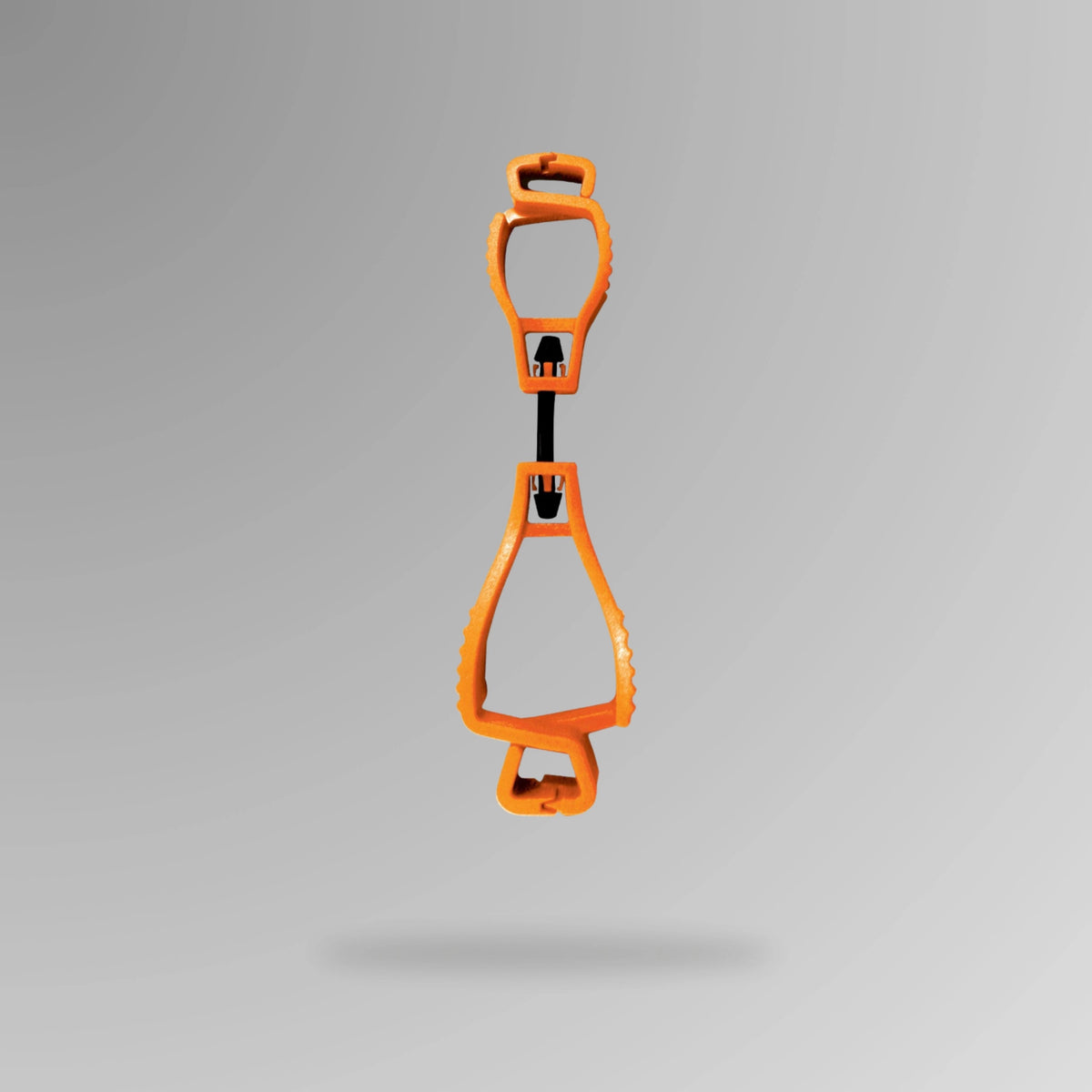 PPE 157 Interlocking Glove Clip in orange shown upright in durable POM plastic with breakaway cord and Brute Safety Products branding