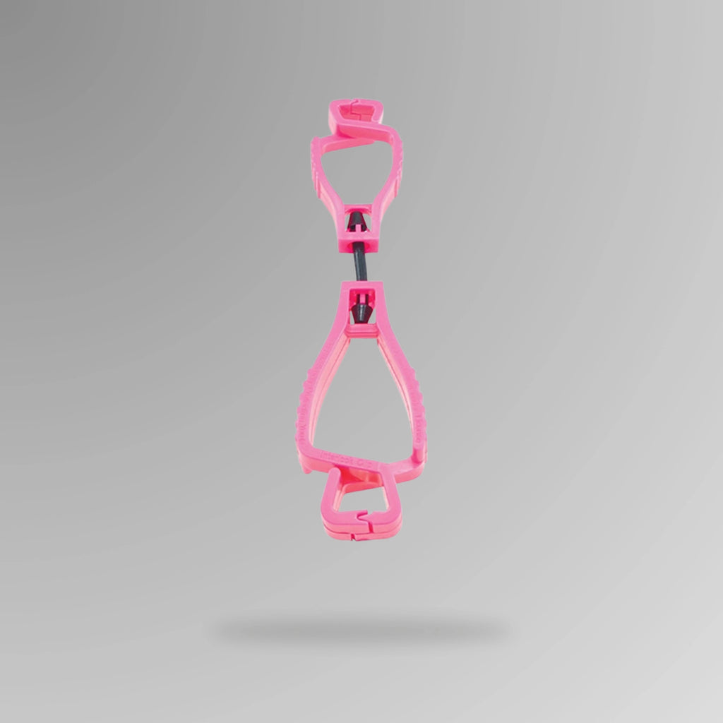 PPE 157 Interlocking Glove Clip in pink shown upright in durable POM plastic with breakaway cord and Brute Safety Products branding