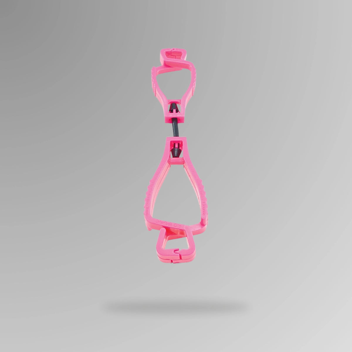 PPE 157 Interlocking Glove Clip in pink shown upright in durable POM plastic with breakaway cord and Brute Safety Products branding