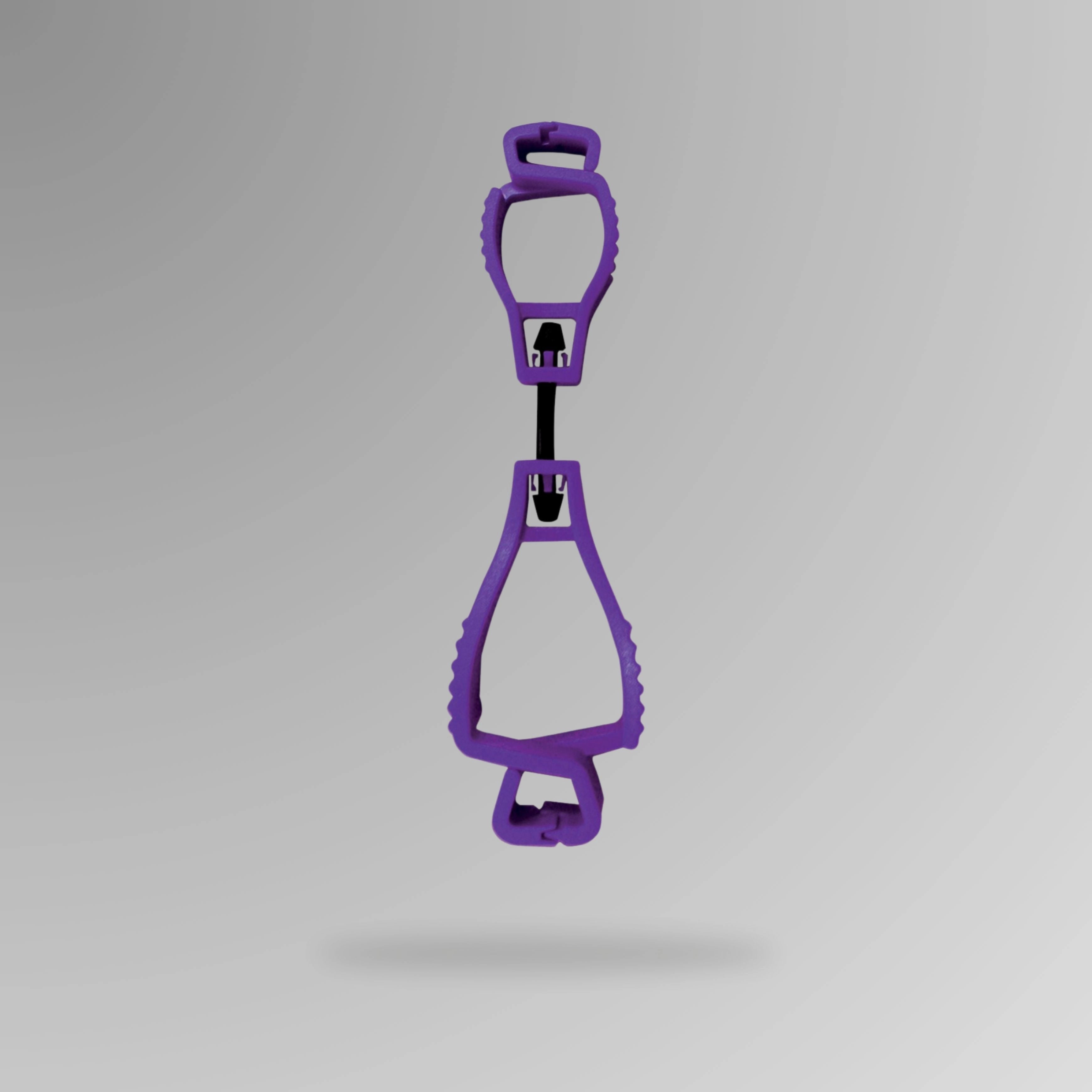 PPE 157 Interlocking Glove Clip in purple shown upright in durable POM plastic with breakaway cord and Brute Safety Products branding