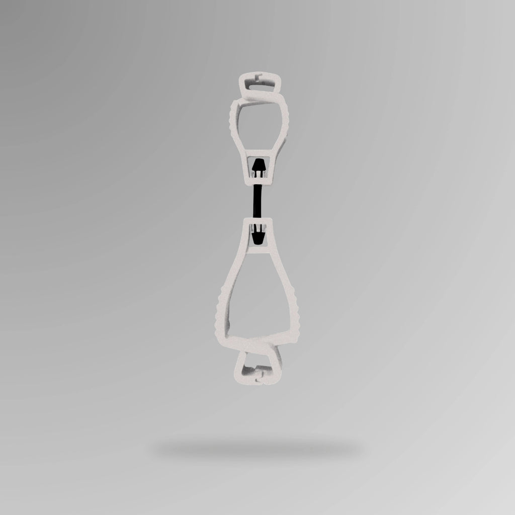 PPE 157 Interlocking Glove Clip in white shown upright in durable POM plastic with breakaway cord and Brute Safety Products branding